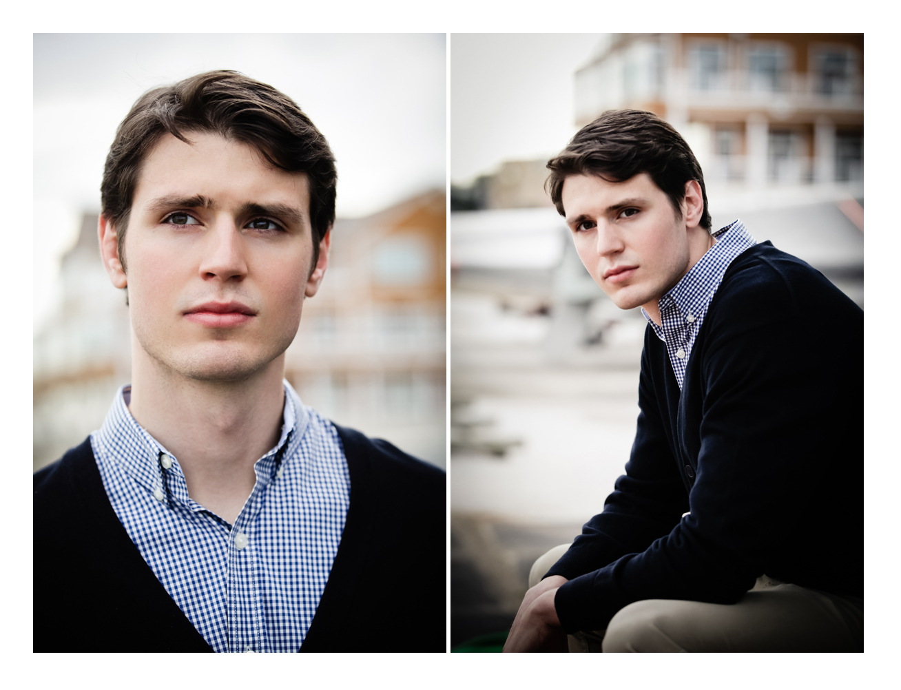 Male model in blue button-up and black cardigan staring into the distance