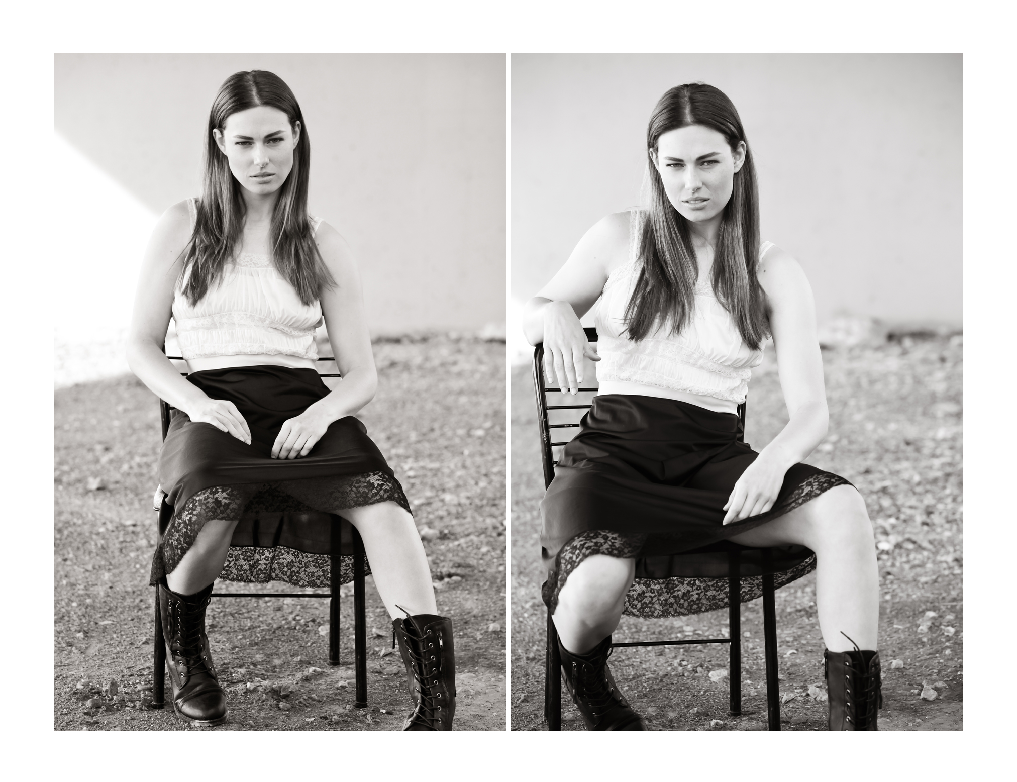 Young woman with long brown hair models in photography taken in a vacant lot while sitting in a chair wearing a white sleeveless top and black lacy skirt