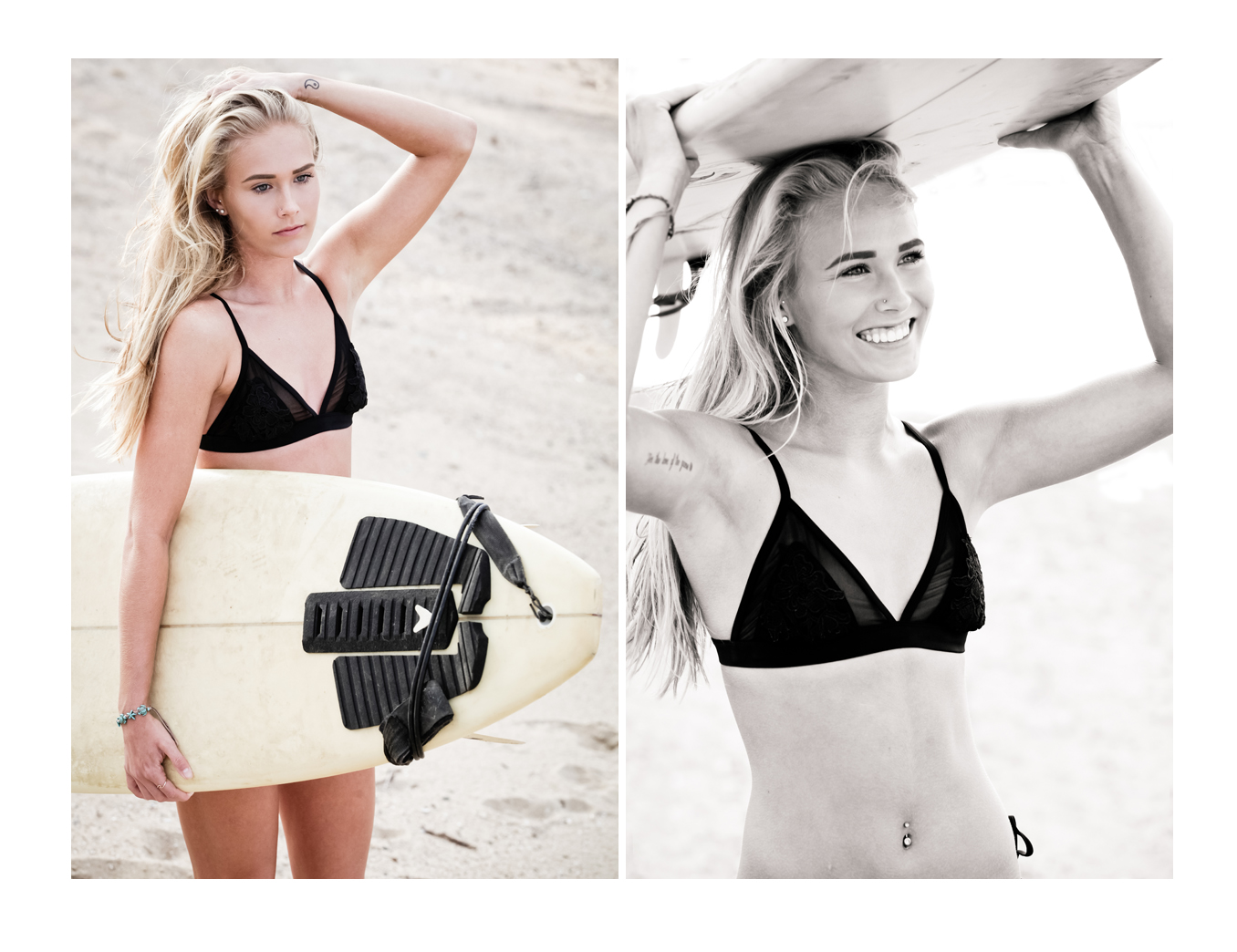 A young woman models with a surfboard. She stands facing away from the photographer, looking in the distance wearing a black swimsuit while her blonde hair tumbles over her shoulders