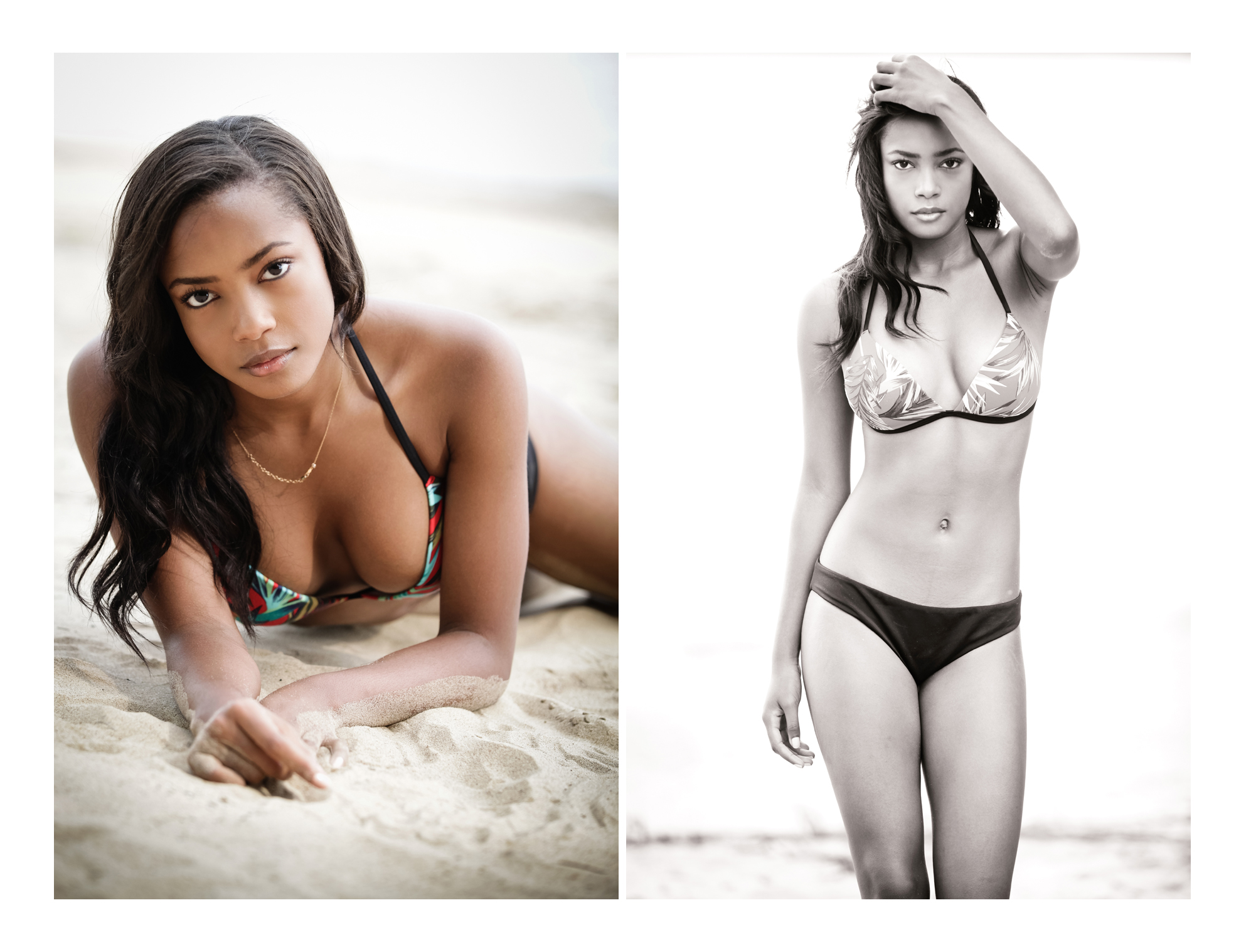 A compilation of two photos of a young model with long black hair lays on the beach facing toward the photographer in a colorful two-piece bathing suit while her wavy hair cascades over her back